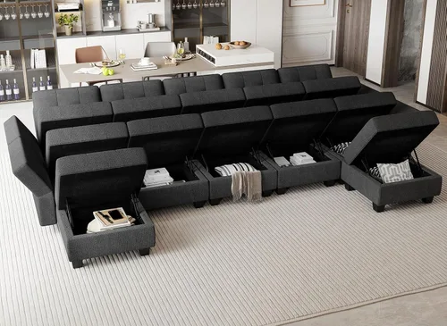 Vista 4 de Belffin Sofá cama modular modular con diván reversible en forma de U con asientos de almacenamiento de gran tamaño de 12 asientos, sofá modular gris