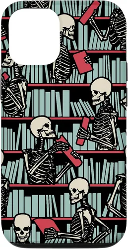 Vista 26 de iPhone 16 Bookish Public Library Skeleton Goth Librarian Books Pattern Case