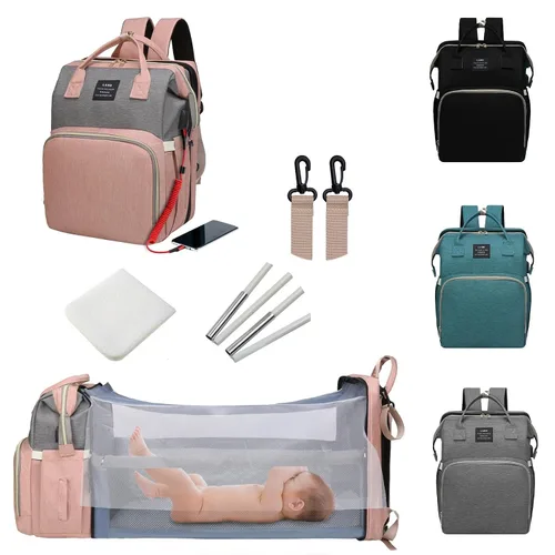 Vista 19 de ANWTOTU Mochila Bolsa para Pañales, Verde militar Mochila de viaje impermeable multifuncional con cambiador, estuche para chupete y correas