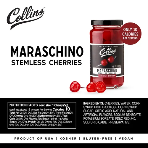 Vista 4 de Collins Cerezas Marrasquino Sin Tallo, Guarnición para Cócteles, Postres, Manhattan y Old Fashioned, Cerezas Gourmet para Picar para Casa y Bar, 10
