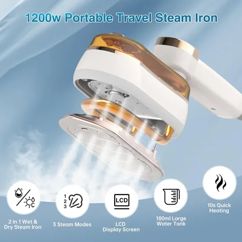 Vista 2 de Vaporizador y plancha de viaje 2 en 1, mini plancha de vapor portátil de mano, calentamiento rápido de 3 segundos, adecuada para viajes, hogar
