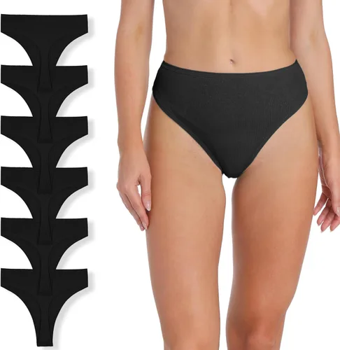 Vista 10 de Tanga de algodón acanalado transpirable sin costuras de cintura alta para mujer, ropa interior de talla grande 2 negro/2 verde/2 vino tinto