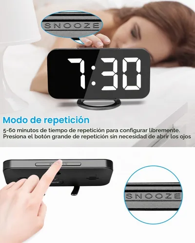 Vista 6 de Reloj despertador digital, relojes electrónicos con espejo LED de 7 pulgadas, con 2 puertos de carga USB, modo de suspensión, ajuste automático