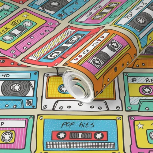 Vista 2 de Muestras de papel tapiz extraíbles, cinta de mezcla de música más pequeña, retro vintage de los años 90, papel pintado prepegado personalizado por