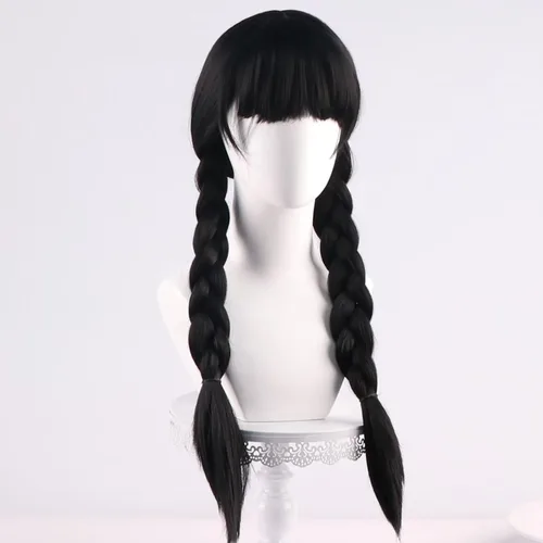 Vista 4 de COSPLAZA Wednesday - Pelucas largas de coletas trenzadas negras para mujer, peluca de disfraz de Halloween con flequillo plano