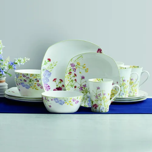 Vista 7 de Mikasa Wildflower Garden - Juego de vajilla de porcelana de hueso de 16 piezas para 4, platos cuadrados y cuencos con tazas, diseño floral, apto