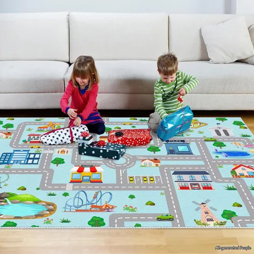 Vista 5 de Alfombra de coche para niños, 2 pies 7 pulgadas x 4 pies, alfombra de juego de tráfico urbano para autos de carreras y juguetes, divertida alfombra