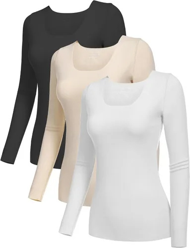 Vista 2 de YYA Camisas básicas de manga larga de 3 piezas para mujer, térmicas, cálidas, cuello redondo, elásticas, ajustadas, camiseta de capa S-XL