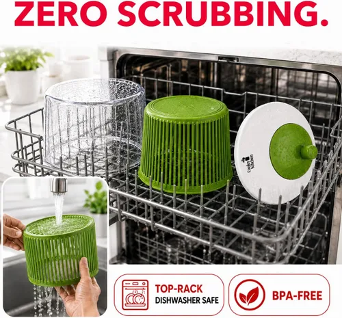 Vista 11 de Cooler Kitchen Pequeño plato giratorio para ensaladas, mini centrifugador y secadora de lechuga con tazón de taza medidora, lavadora compacta