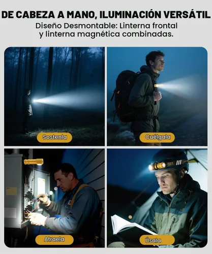 Vista 2 de Linterna frontal recargable LED de alto lúmenes para adultos, luz de casco duro, lámpara de cabeza para correr con luz roja, imán, inclinación