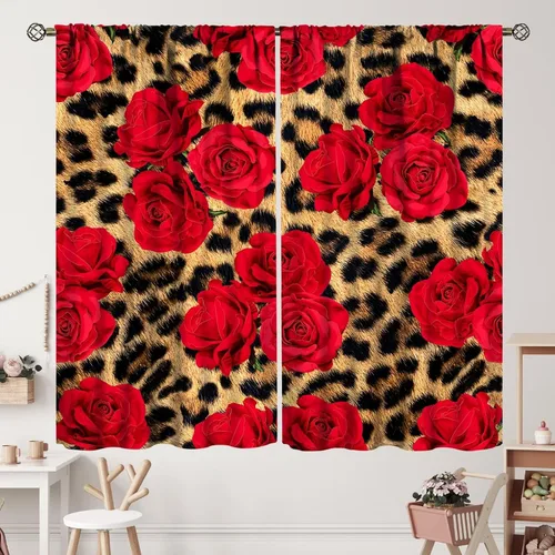 Vista 11 de Cortinas de leopardo con estampado de flores de guepardo y rosas de África, con bolsillo para cortinero, para dormitorio, sala de estar, decoración
