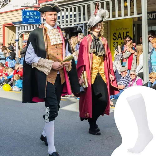 Vista 5 de Eurzom 3 pares de calcetines coloniales para hombre, accesorios de disfraz colonial, calcetines blancos hasta la rodilla para adultos, Halloween