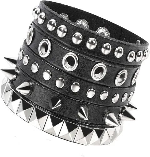 Vista 21 de Eigso Juego de 4 pulseras de cuero punk, con tachuelas de roca para hombres y mujeres, estilo retro, clásico, con pinchos, de metal, para hombre
