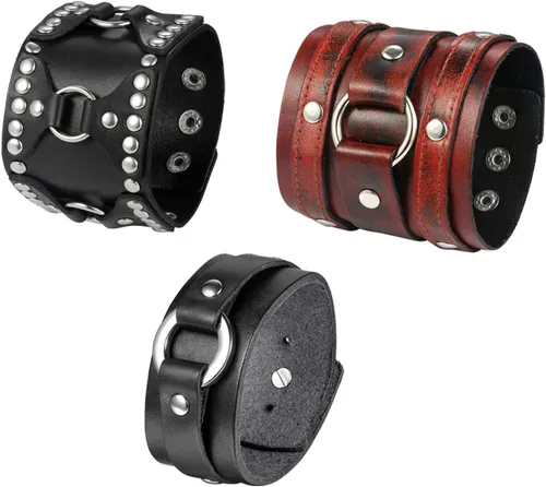 Vista 15 de OIDEA Assorted 3pcs Mens Punk Multistrand Leather Braided Bangle Cuff Bracelet for Biker Dad Father Size Adjustable
