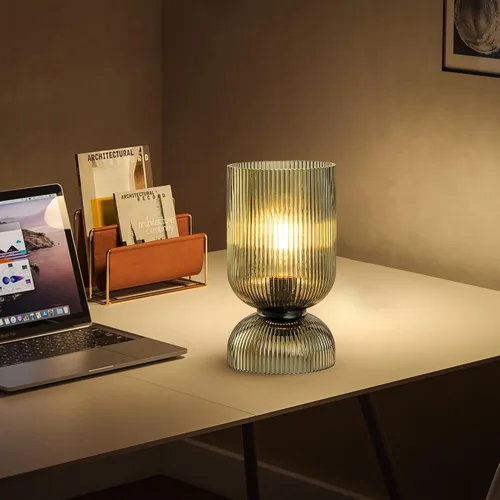 Vista 3 de Lámpara de mesa moderna, lámpara de vidrio de mediados de siglo con pantalla de vidrio verde, lámpara de cabecera con interruptor