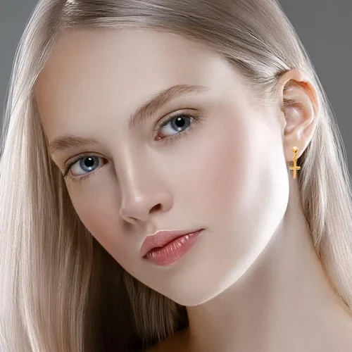 Vista 4 de Cruz chapado en oro de 18 quilates con chaqueta o aretes colgantes I religiosos pequeños aretes para hombres y mujeres 0.4 x 0.2 pulgadas I