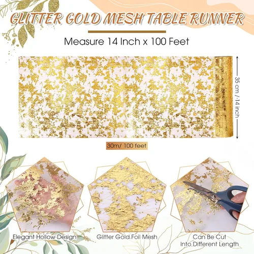 Vista 2 de Oudain Camino de mesa dorado de 14 pulgadas de ancho con lentejuelas y purpurina, rollo de malla metálica, decoración de fiesta para centros