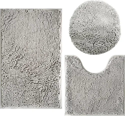 Vista 18 de Juego de 3 alfombras de baño de felpilla ultrasuave, antideslizante y súper absorbente, parte inferior de PVC fuerte, lavable a máquina, para Negro