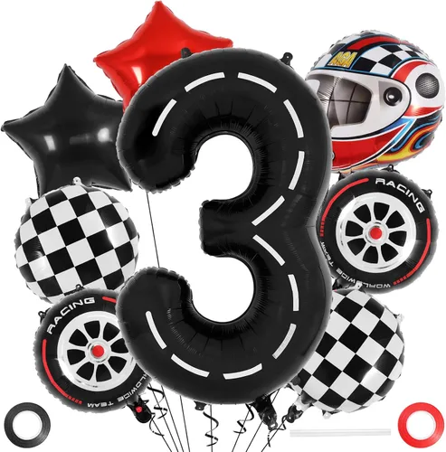 Vista 9 de Globos de cumpleaños de auto de carreras, globo número 0 de carrera, globo de aluminio grande de 40 pulgadas, globo negro 0 para decoración