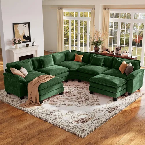 Vista 58 de Sofá modular de gran tamaño de 154 pulgadas, cómodo sofá en forma de U con 3 otomanas móviles, sofá moderno de felpilla de 7 plazas para sala