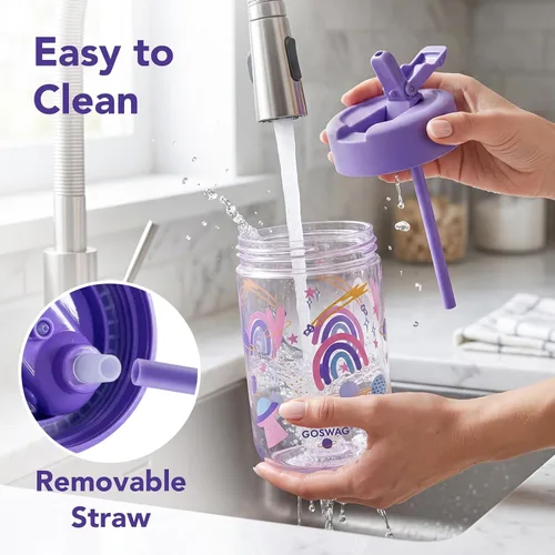 Vista 7 de GOSWAG Botella de agua para niños de 16 onzas con tapa con popote, botella Sueño estrellado