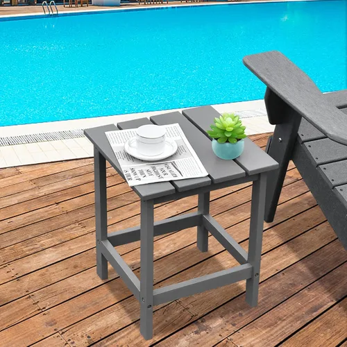 Vista 5 de GIANTEX Mesa auxiliar para exteriores, mesa auxiliar cuadrada de madera de 15 pulgadas con diseño de rejillas, construcción resistente, fácil Gris