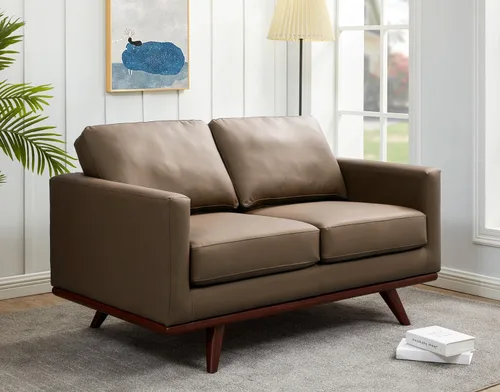 Vista 13 de LeisureMod Chester - Sofá de dos plazas de cuero y malla con base de madera de abedul para sala de estar, dormitorio u oficina (malla beige)
