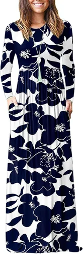 Vista 15 de Vestido de manga larga para mujer, holgado, liso, largo, estilo informal, con bolsillos. 01-verde militar