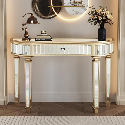 Vista 18 de Henf Escritorio de tocador con espejo para dormitorio, mesa de tocador de maquillaje, mesa de sofá con 2 cajones de diamantes sintéticos, moderno