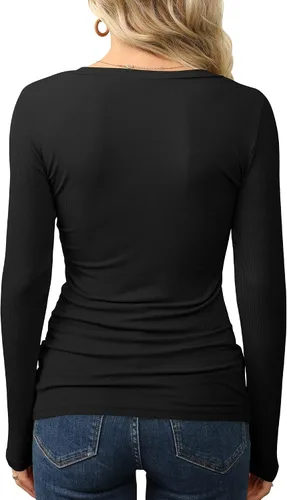 Vista 3 de GEMBERA Camisetas básicas de manga larga con cuello en V para mujer, estilo casual, ajustadas, básicas