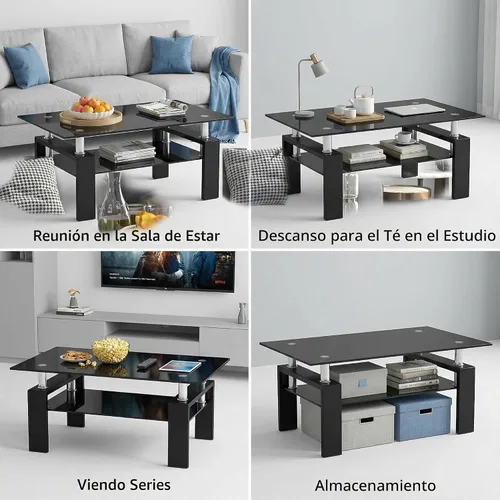 Vista 6 de Mesa de centro de vidrio rectangular Meihua de 2 niveles, mesa de té moderna, mesa auxiliar de café para sala de estar (todo negro)