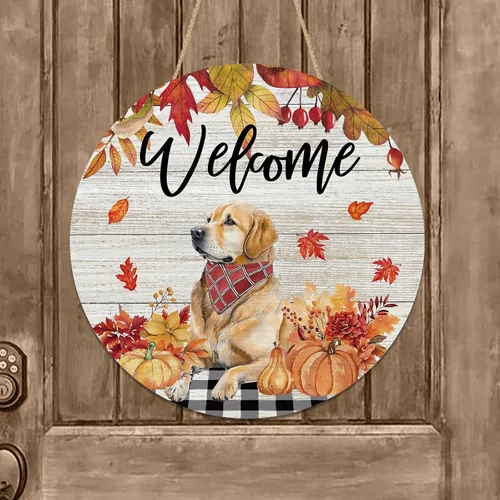 Vista 2 de YINENA Letrero de puerta de perro con texto en inglés "Welcome Fall Dog" Golden Retriever - Percha de puerta de madera para exteriores, porche