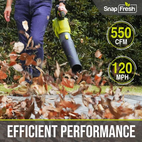 Vista 4 de SnapFresh Soplador de hojas sin escobillas de 20V inalámbrico - 550 CFM/193 KM/H Batería de 4.0Ah*2 Soplador de hojas con cargador rápido