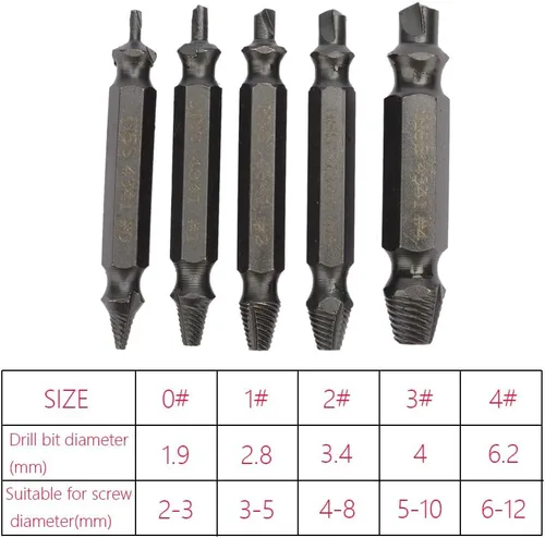 Vista 4 de Kit de extractor de tornillos de 5 piezas, para fácil extracción de accesorios oxidados y rotos, tornillos de cabeza pelada, tornillos y brocas