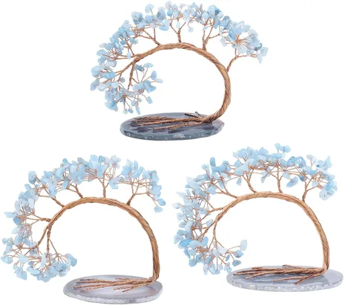 Vista 4 de SUNYIK Árbol de dinero de aguamarina curativa, árbol bonsái de cristal Fengnshui hecho a mano con base de ágata para suerte de riqueza, decoración