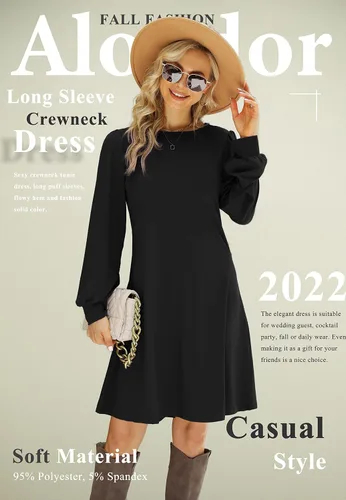 Vista 2 de Aloodor Vestido de otoño para mujer manga larga abombada cuello redondo vestidos casuales