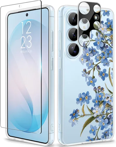 Vista 52 de GVIEWIN Funda protectora para Samsung Galaxy S25, transparente floral, delgada, a prueba de golpes, para mujer, no se pone amarilla, con protector
