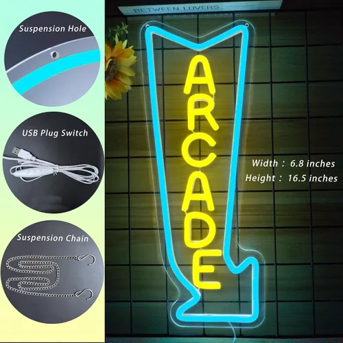 Vista 4 de Letrero de neón de arcade, luz LED, regulable, luces de juego para decoración de pared, alimentadas por USB, letrero de neón gaming para salas