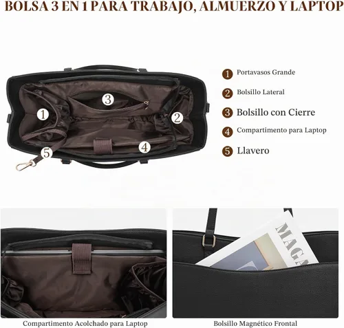 Vista 6 de S-ZONE Bolsa de almuerzo para mujer, bolsa de trabajo con compartimento de Negro