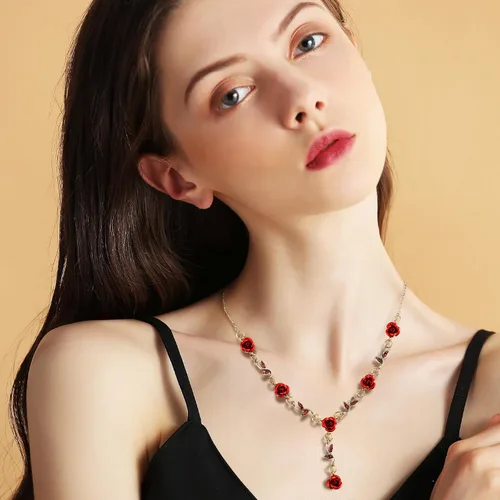 Vista 8 de Irregular Red Rose Necklace for Women Flower Necklace Vintage Jewelry Fashion Valentine's Day Jewelry 19.29 inches