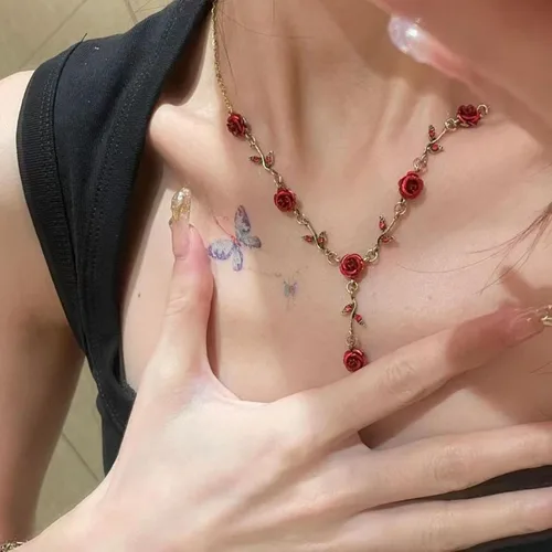 Vista 3 de Irregular Red Rose Necklace for Women Flower Necklace Vintage Jewelry Fashion Valentine's Day Jewelry 19.29 inches