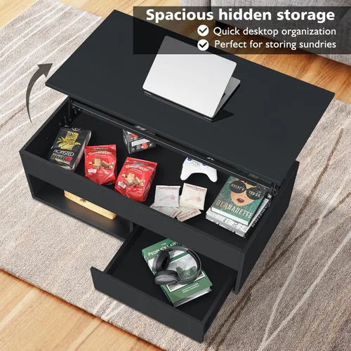Vista 5 de HOMMPA - Mesa de café con tapa elevable de 40" con almacenamiento, mesa de centro LED moderna de alto brillo para sala de estar, mesa de té moderna