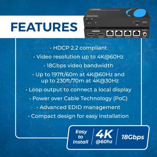 Vista 8 de OREI Divisor extensor HDMI 4K 1x4, cable múltiple a través de un solo cable CAT6/7 4K @60Hz 4:4:4 HDCP 2.2 con gestión EDID, hasta 230 pies, bucle