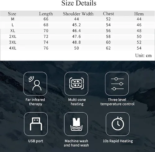 Vista 4 de Chaqueta térmica para invierno, ligera, con calefacción eléctrica USB, con capucha desmontable, 11 zonas con calefacción