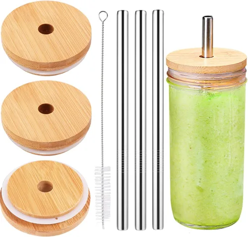 Vista 9 de Paquete de 3 tapas de bambú de boca regular con agujero para popote y popote compatible con tarro Mason, tapas de madera para tarros de boca regular