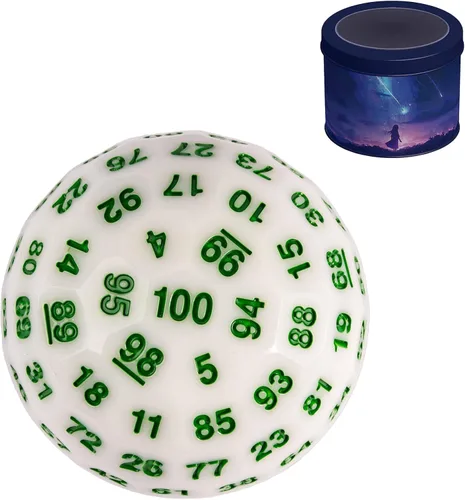 Vista 16 de Dados poliédricos mejorados de 100 caras (D100), 1.969 in, fuente negra/roja, dado único, dados de juego D&D, lata de almacenamiento de metal