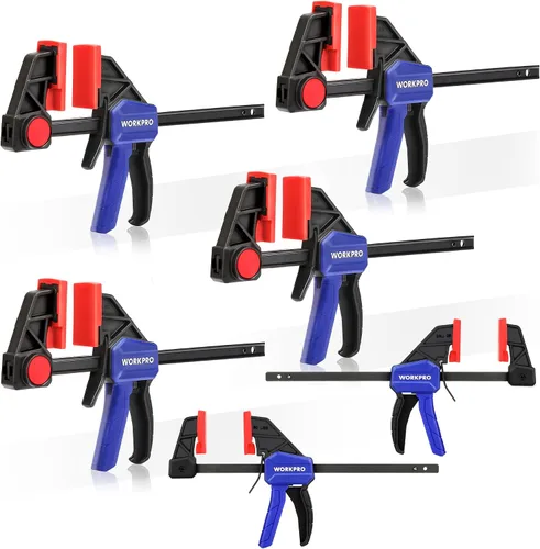 Vista 14 de WORKPRO Abrazaderas de Mini Barra para Carpintería, 6" (2) y 4-1/2" (2), Abrazadera/Separador de Una Mano de 4 Piezas, Abrazadera F de Cambio Rápido