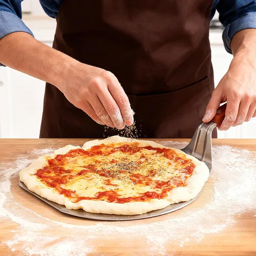 Vista 6 de IUAQDP Espátula de pizza de acero inoxidable, pala de cáscara, elevador de pasteles, mango de madera, soporte para placa de hornear, pizza casera