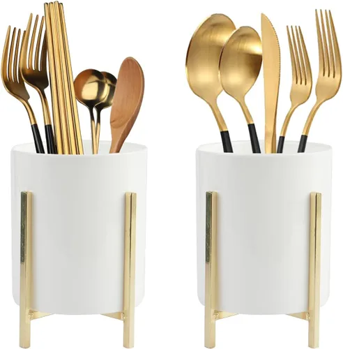 Vista 19 de Organizador de cerámica para cubiertos, soporte redondo para utensilios, soporte para utensilios de cocina para encimera, taza de cerámica con borde