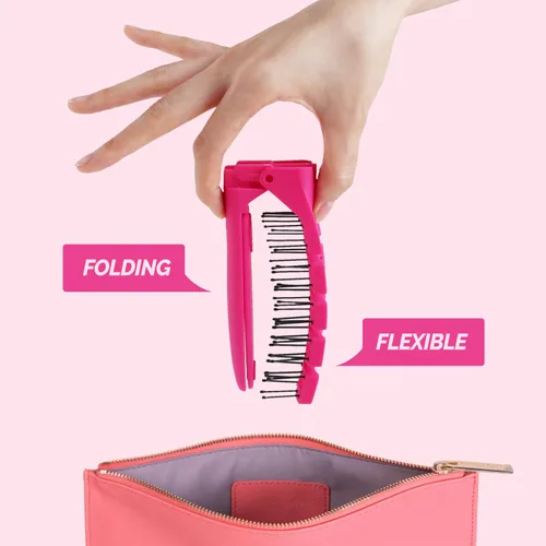 Vista 2 de Cepillo de pelo plegable compacto con espejo, peine desenredante para adultos y niños, portátil para viajes y almacenamiento, cabello húmedo y seco